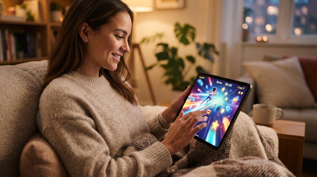 Hands holding a tablet running a smooth high frame rate casual game.