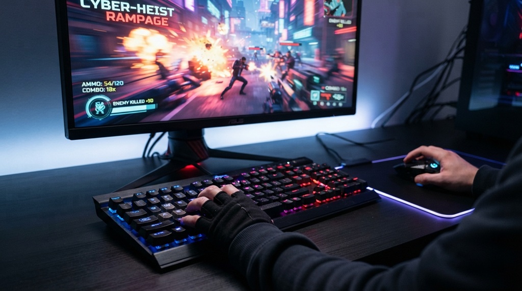 Gamer hands typing on a glowing mechanical keyboard during gameplay