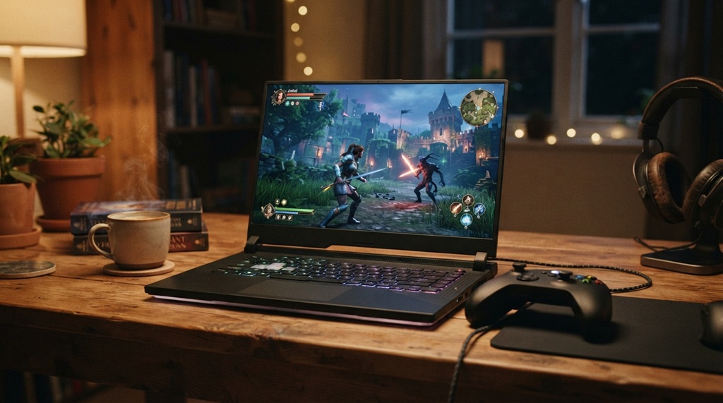 A laptop on a desk showing a fantasy adventure game with a controller.