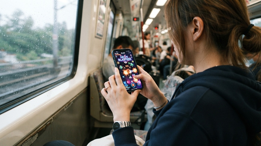 Hands holding a smartphone to play a fast-paced arcade game on a commute.