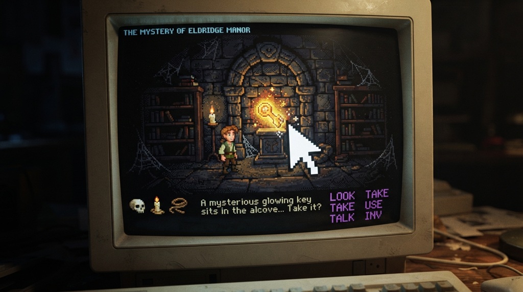 Hand moving a computer mouse to click a glowing key in a pixel art game.