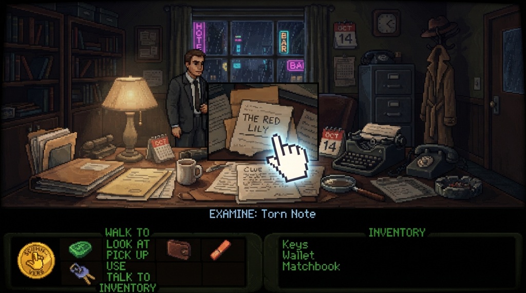 A classic point and click adventure game showing interactive puzzle clues.