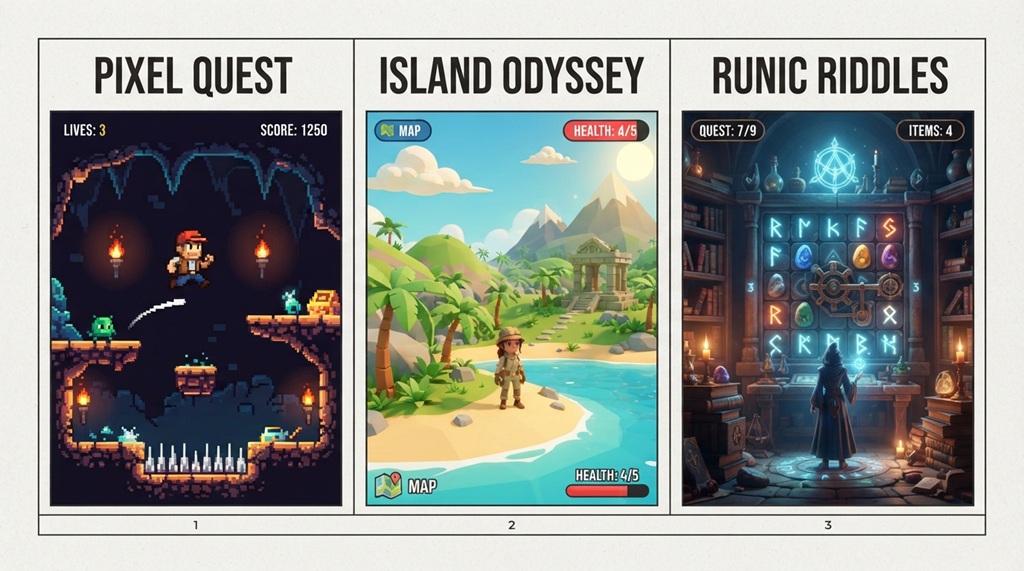 A collage showing different pixel and 3D adventure games playable on school networks.
