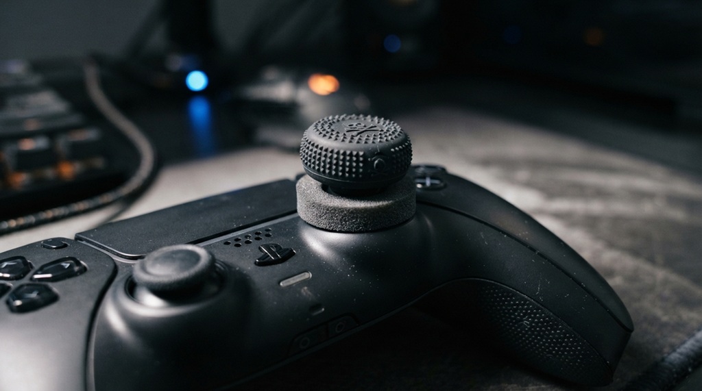 Close up foam aim ring installed on controller thumbstick.