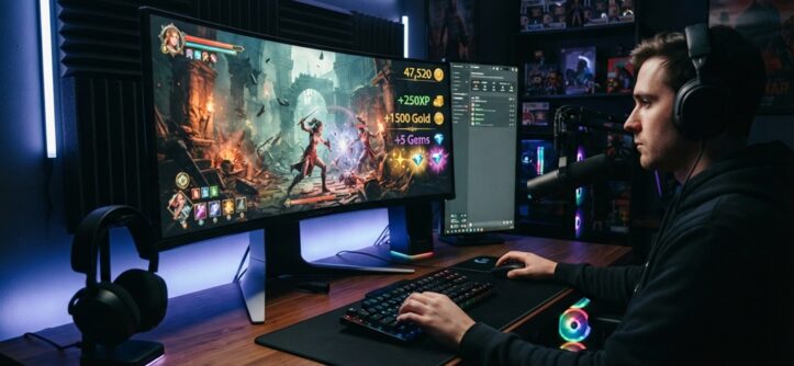 Gamer playing action game online free showing digital earnings on screen.
