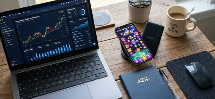 A smartphone showing a casual video game on a desk beside earning reports.