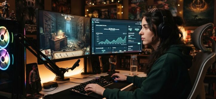 Person managing a game dashboard showing profit stats for free point and click games.