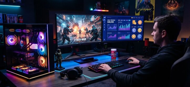 Glowing gaming desktop setup with dual monitors showing video game action and financial charts.