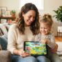 A mother helping her young child play a safe online adventure game on a tablet.
