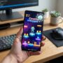 Person holding Android phone showing offline casual game progress saving on screen.