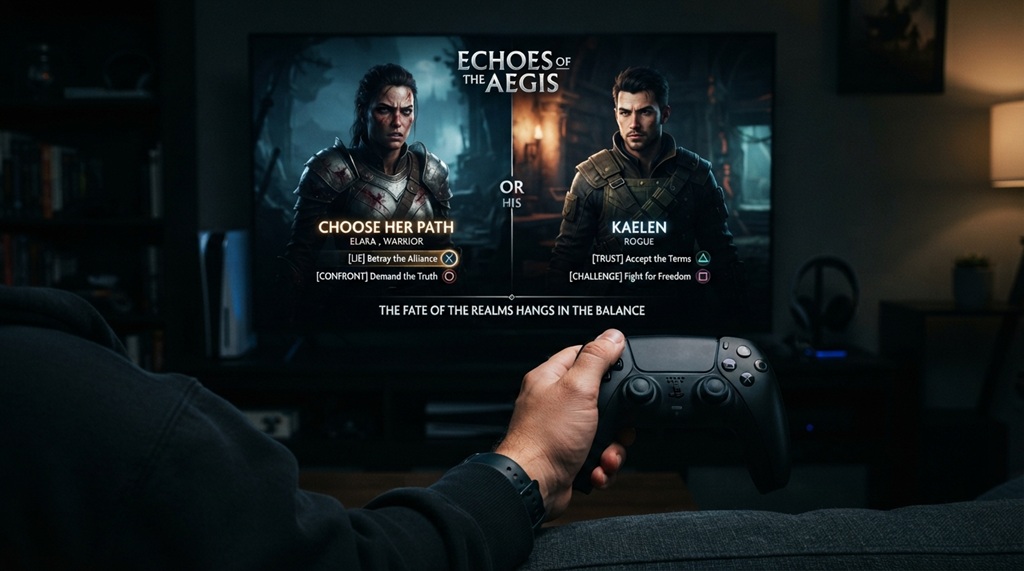 A gamer choosing narrative options in a cinematic story adventure game.