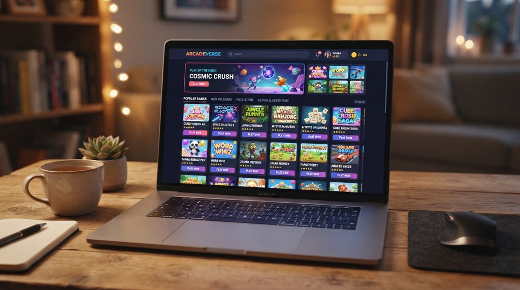 A laptop screen displaying a clean library of quick online mini-games.