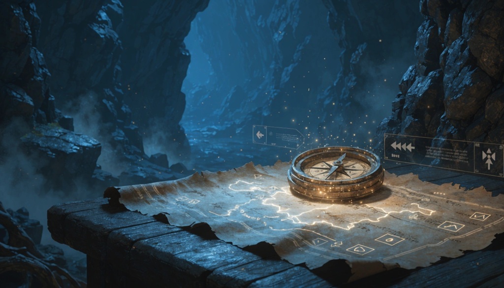 Glowing ancient treasure map and compass placed on a dark wooden table.