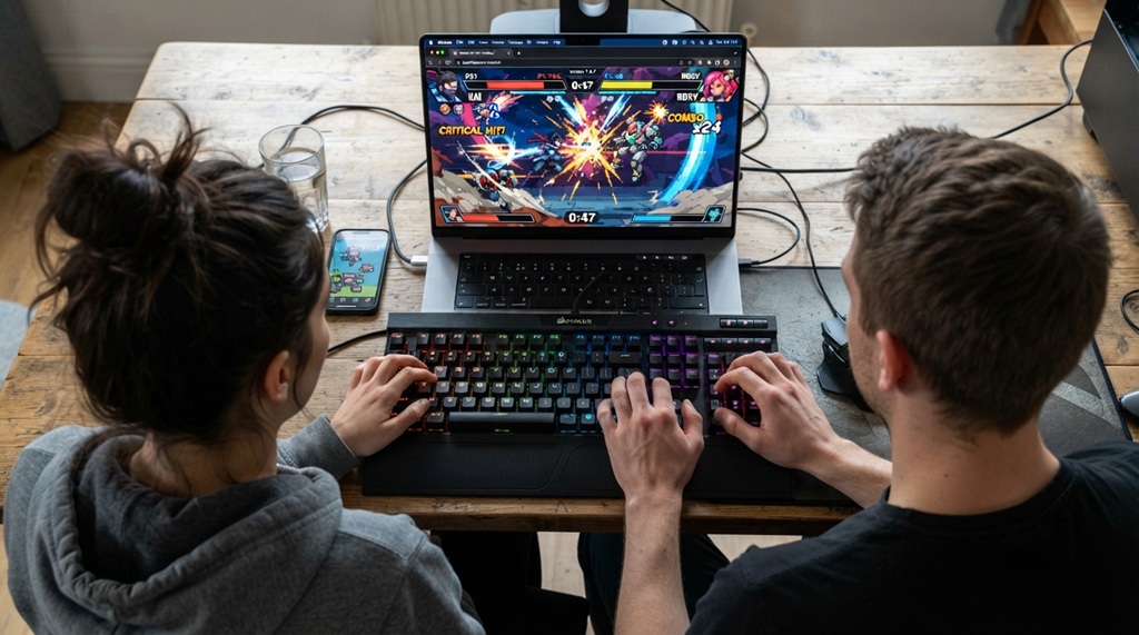 Two people playing a split screen browser game together on one keyboard.