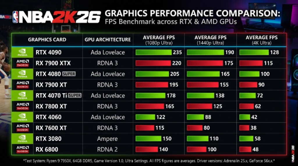 Comparison chart of NBA 2K26 FPS performance across RTX and AMD graphics cards