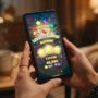 Hands holding a smartphone displaying a colorful victory screen on a puzzle game.