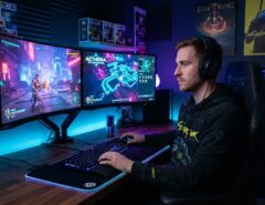 Male gamer playing on a high-performance multi-monitor desktop setup with RGB lights.