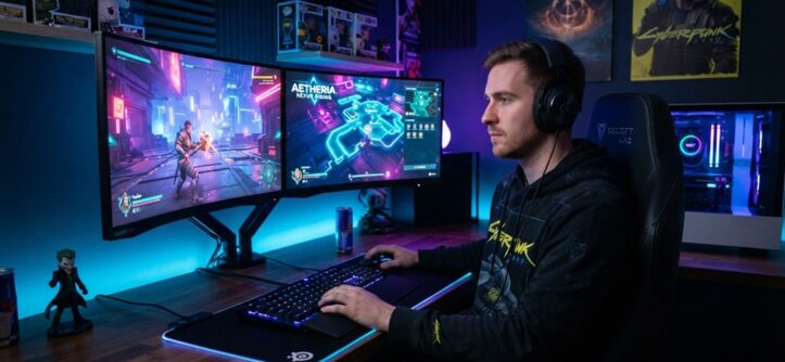 Male gamer playing on a high-performance multi-monitor desktop setup with RGB lights.