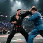 Male fighter blocking an incoming head strike with a high defensive guard.