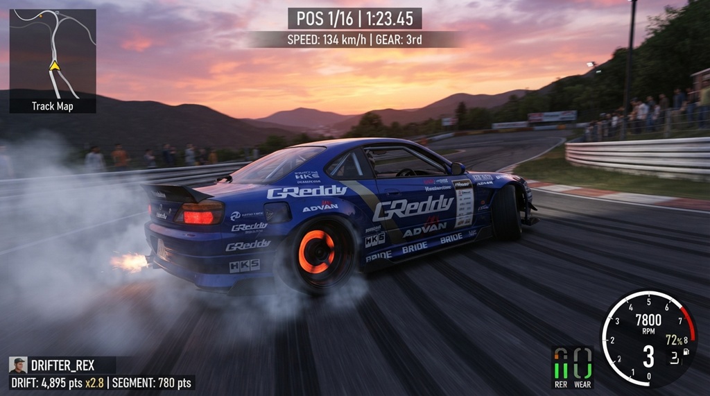 A high-speed race car executing a controlled drift through a chicane.
