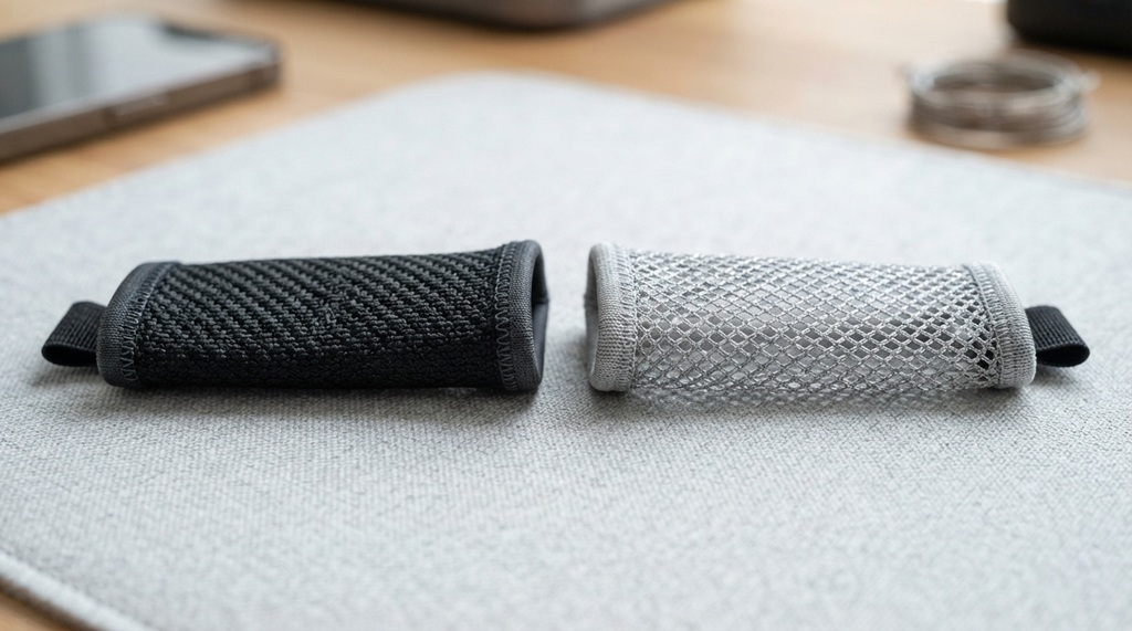 Close-up shot comparing carbon fiber and silver fiber gaming finger sleeves texture.