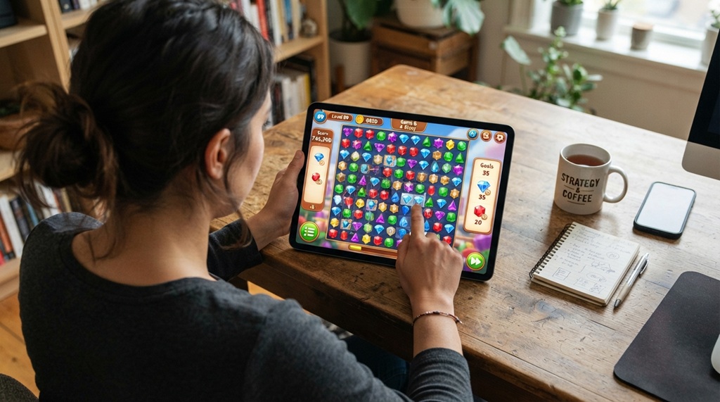 A player studying a complex puzzle game grid on a digital tablet screen.