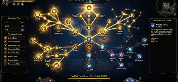 A digital gaming menu displaying a brightly glowing skill tree with unlocked nodes.