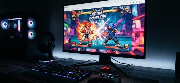 Fighting game running smoothly inside a web browser on a desktop PC setup.