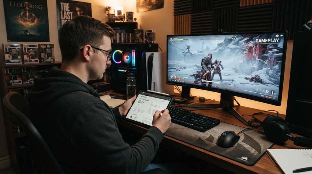 Man comparing video game review scores on a digital tablet.