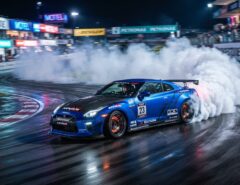 A sports car drifting around a sharp corner with tire smoke.