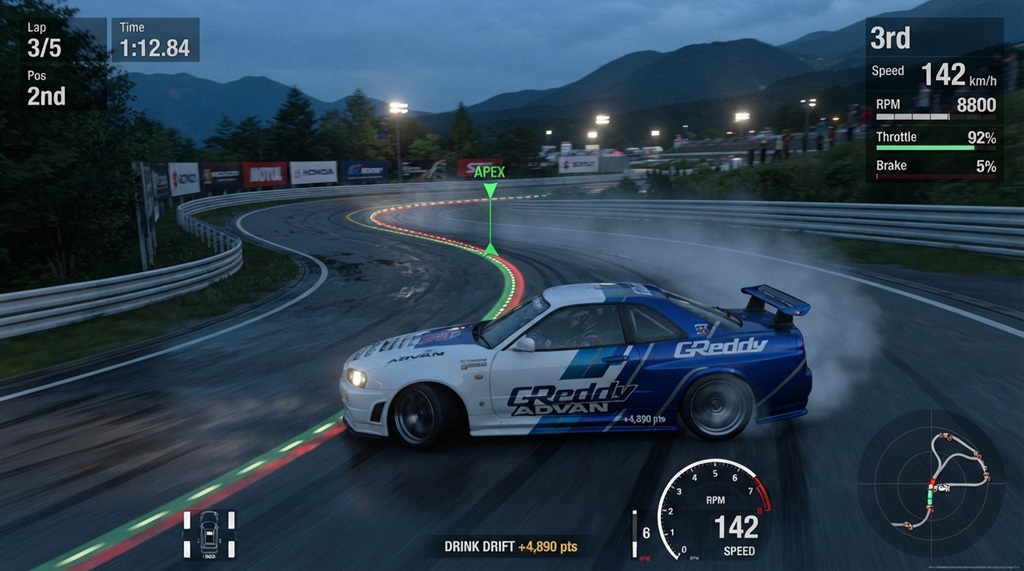 A driver navigating a racing game drift turn using visual apex trajectory lines.