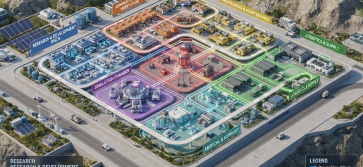 A 3D isometric overview showing organized zones and power lines in a simulation base.