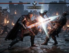 A male game character executing a perfect parry strike on an enemy.