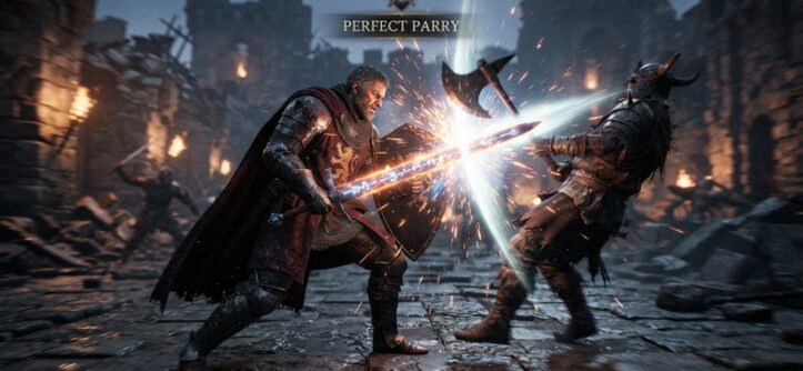 A male game character executing a perfect parry strike on an enemy.
