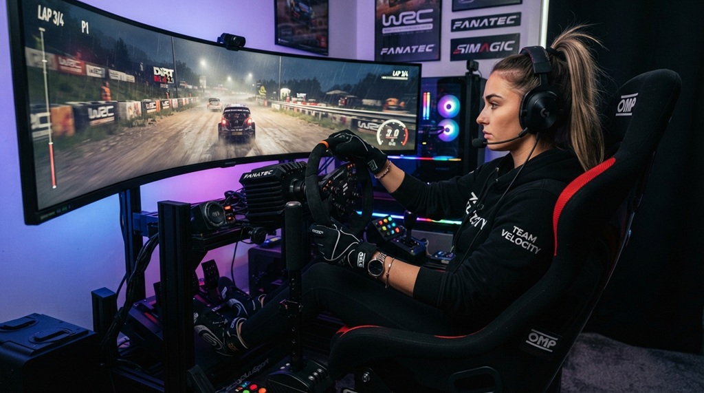 A female gamer using a steering wheel to control a drift racing game.