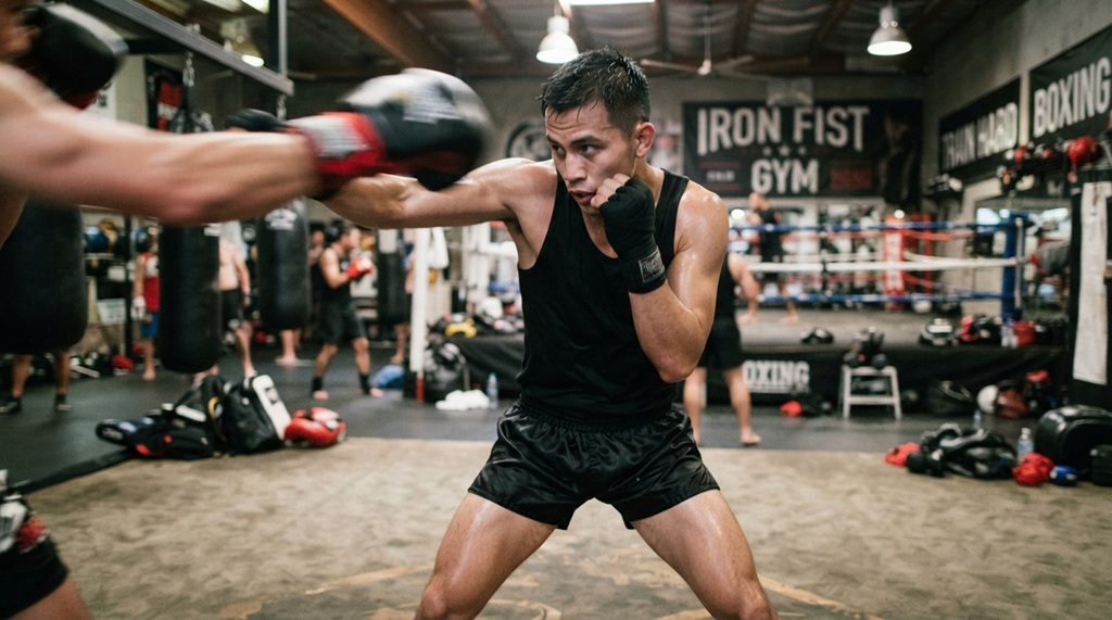 Male athlete slipping a punch to set up a powerful counter attack combat combo.