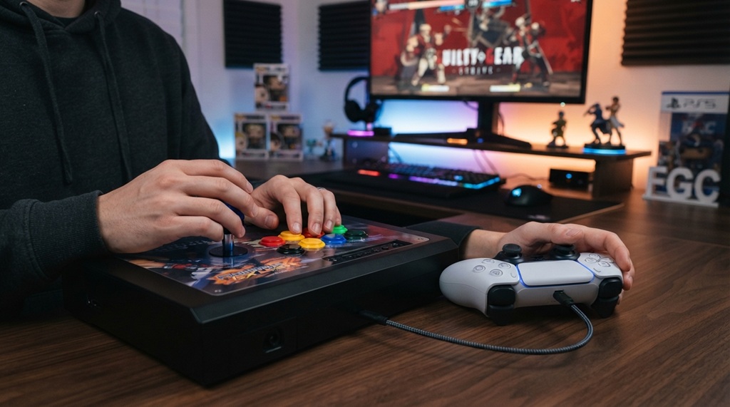 Player hands holding a gamepad next to an arcade fight stick on a desk.