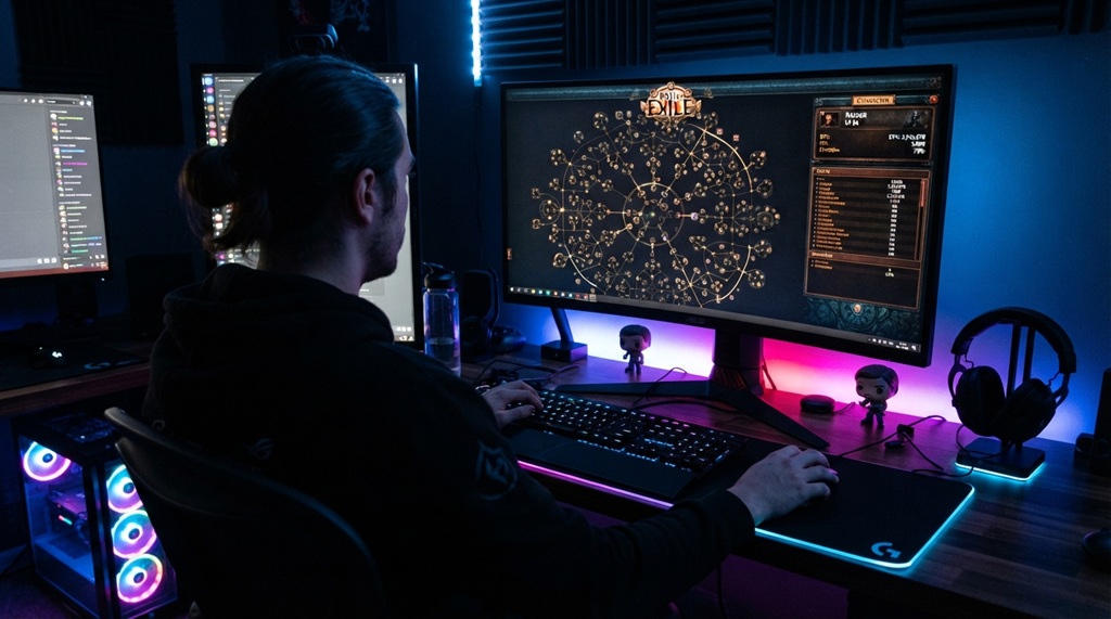 A gamer looking at RPG skill tree stats on a monitor in a dark room.