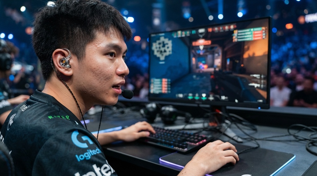 A player wearing clear IEMs while playing a competitive FPS game.