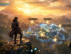 Player character looking at a glowing holographic map overlay in an open world game.