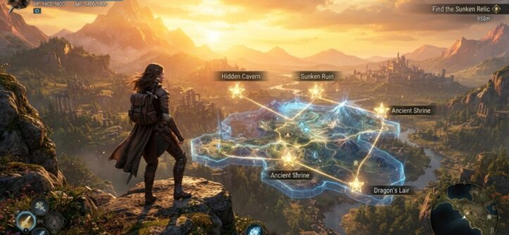 Player character looking at a glowing holographic map overlay in an open world game.