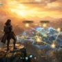 Player character looking at a glowing holographic map overlay in an open world game.