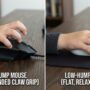 Side-by-side comparison of small hands gripping high-hump and low-profile gaming mice.