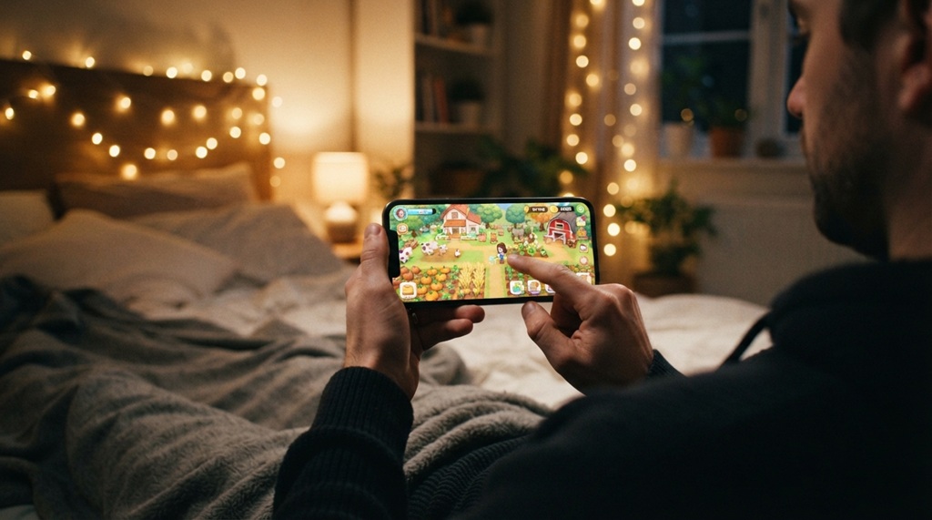 Close up of a man holding a phone playing a relaxing casual game.