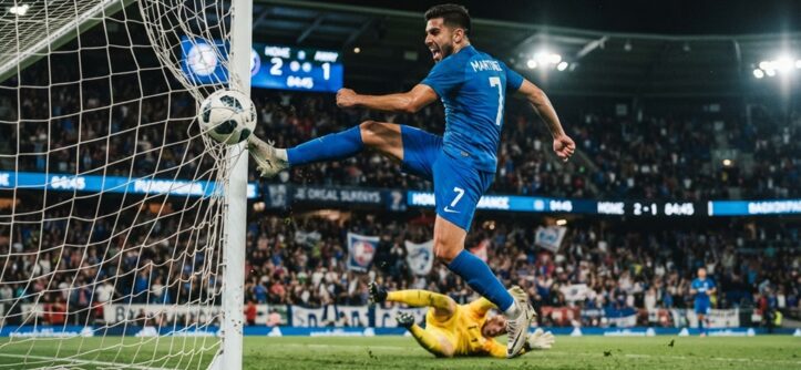 A male soccer player kicking a soccer ball into the goal net during a stadium match.