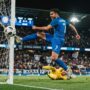 A male soccer player kicking a soccer ball into the goal net during a stadium match.