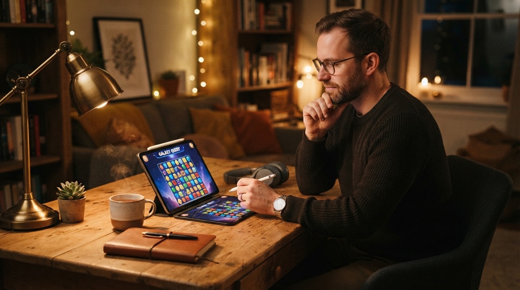 A man analyzing a puzzle screen to clear match levels without boosters.
