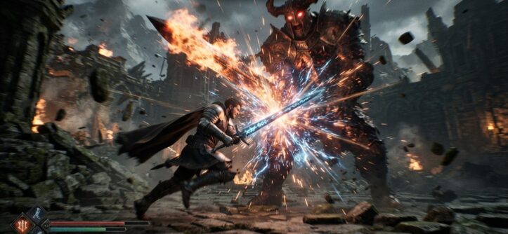 Player character executing a glowing sword parry against a giant boss in an action game.