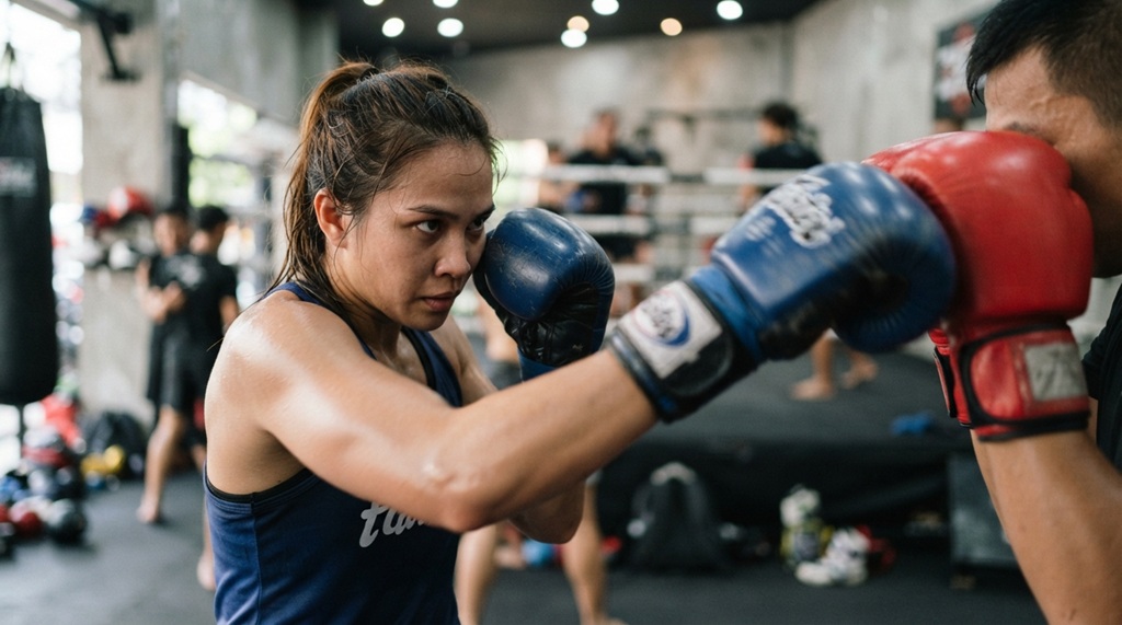 Female martial artist parrying a punch during a high-speed defensive training session.