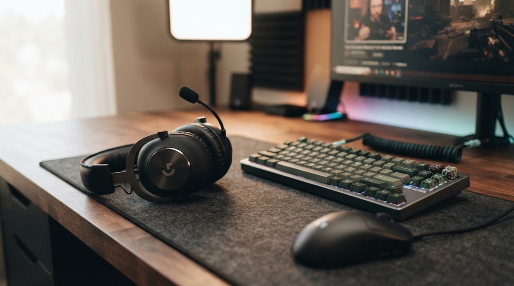 An over-ear gaming headset sitting beside a mechanical keyboard.